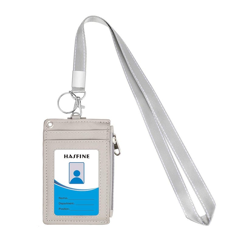 HASFINE ID Badge Holder with Lanyard,2 Sided 5 Card Slots ID Card Holder Wallet with PU Leather Zipper Pocket and Detachable Keychain Lanyard for Teens Men Women(Gray) - Image 2